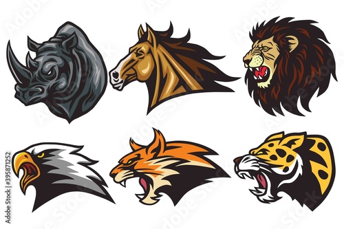 Wild Animals Heads Logo Mascot Set. Rhino, Horse, Lion, Lynx, Eagle, Leopard - Esport Sports Mascot Logo Illustration Design Vector Pack