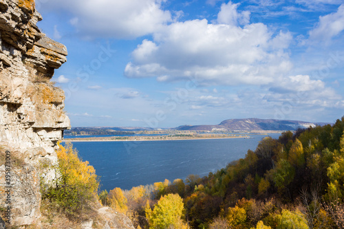 View of the river Volga and the Sok Mountains from Mount Verblyud (one of the Zhiguli Mountains), Samara, Russia. photo