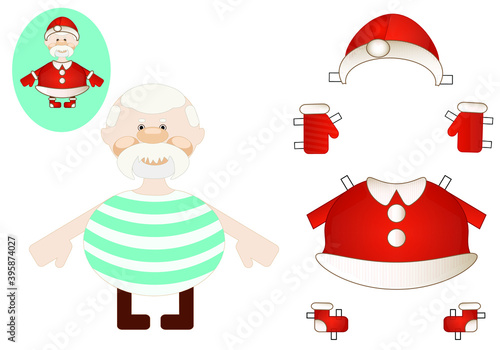 Cut out and dress up Santa Claus. Paper doll printable. Cartoon style. Vector illustration. 