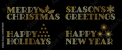 Set of holiday greetings banners. The text says "Merry Christmas", "Season's Greetings", "Happy Holidays", and "Happy New Year".