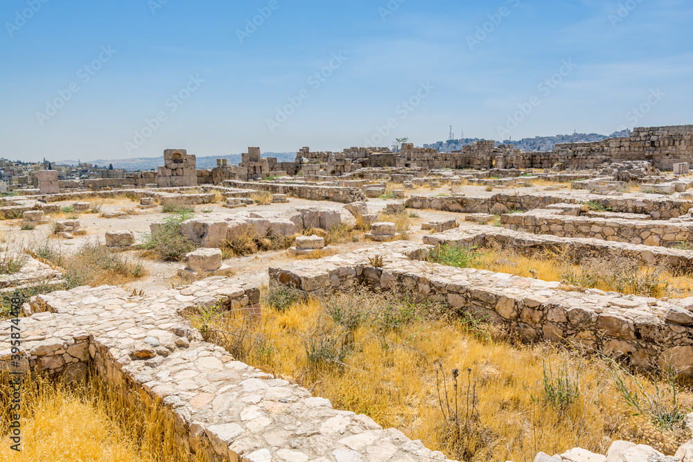 Weeds growing Ruins of the walls in the Amman Citadel, a historical site at the center of downtown Amman, Jordan. Known in Arabic as Jabal al-Qal'a