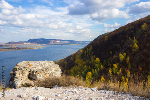 View of the river Volga and the Sok Mountains from Mount Verblyud (one of the Zhiguli Mountains), Samara, Russia. photo