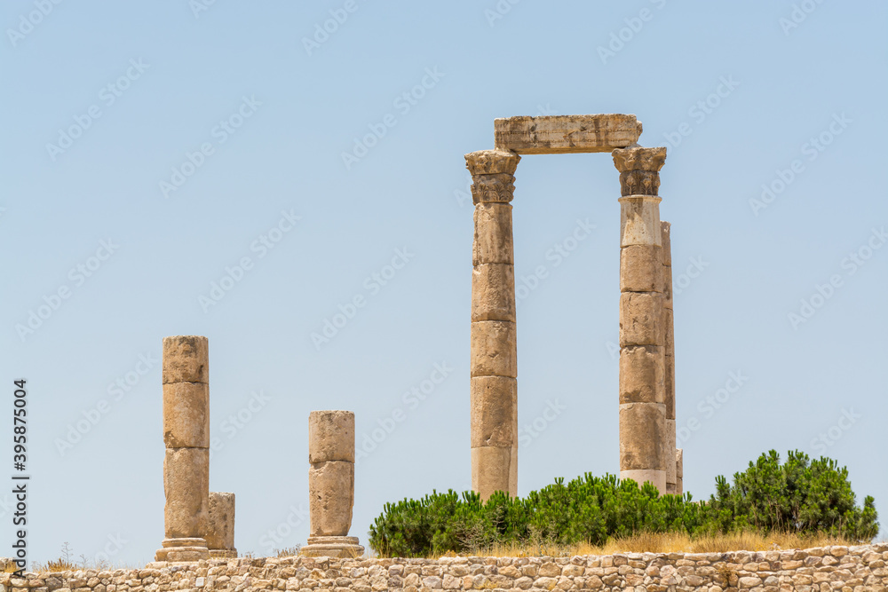 Column runis of the Temple of Hercules in the Amman Citadel, a historical site at the center of downtown Amman, Jordan. Known in Arabic as Jabal al-Qal'a, one of the seven jabals (mountains)  