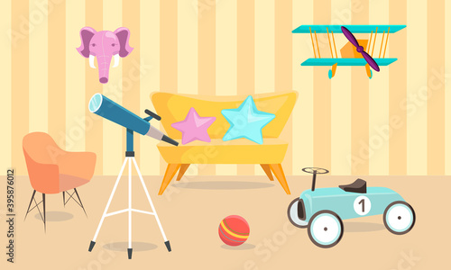 Children's room. Children's room interior. Cartoon vector illustration. Children's room for a boy