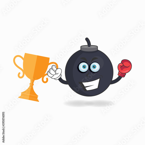 The Boom mascot character wins a boxing trophy. vector illustration