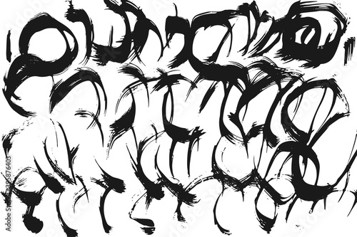 Abstract black white image with long and short intermittent liquid lines made by brush. A monochrome image drawn by hand. Dirty shabby smears of black paint. Vector eps illustration.
