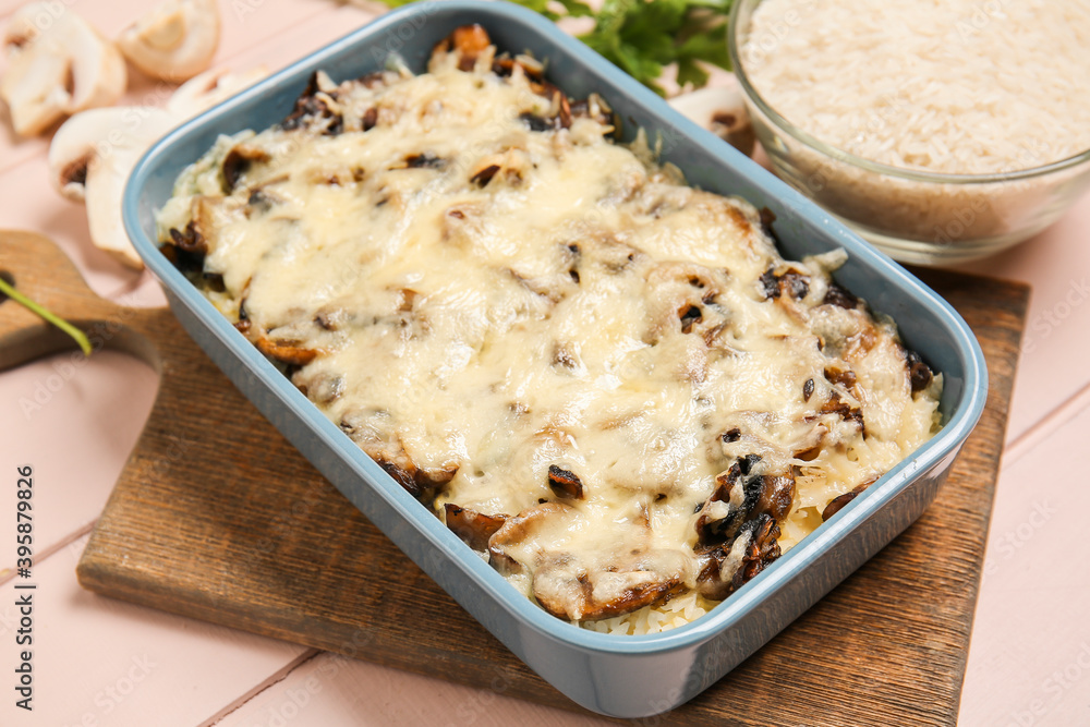 Baking dish with tasty rice casserole on table Baking dish with tasty rice casserole on table