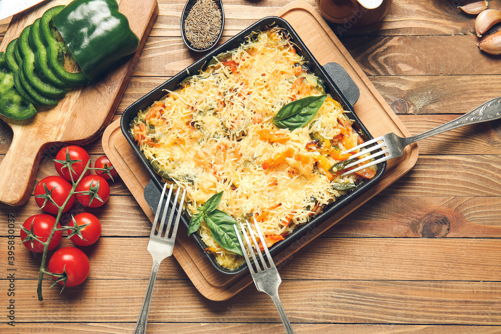 Baking dish with tasty rice casserole on table Baking dish with tasty rice casserole on table