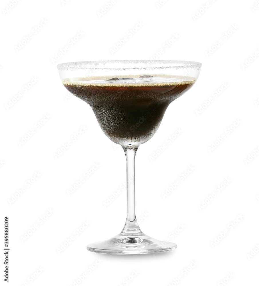 Glass of tasty espresso martini cocktail with ice on white background Glass of tasty espresso martini cocktail with ice on white background