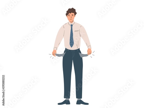 Businessman with empty pockets vector cartoon illustration.