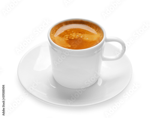Cup of hot espresso on white background