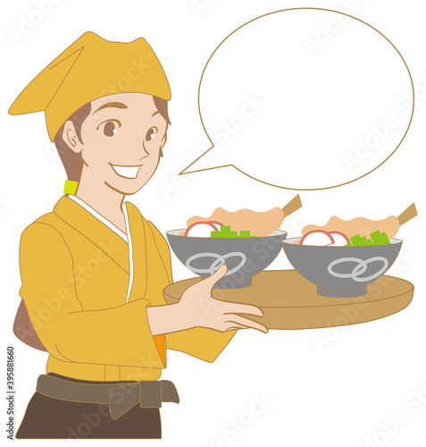天ぷらそばを運ぶ蕎麦屋の女性店員