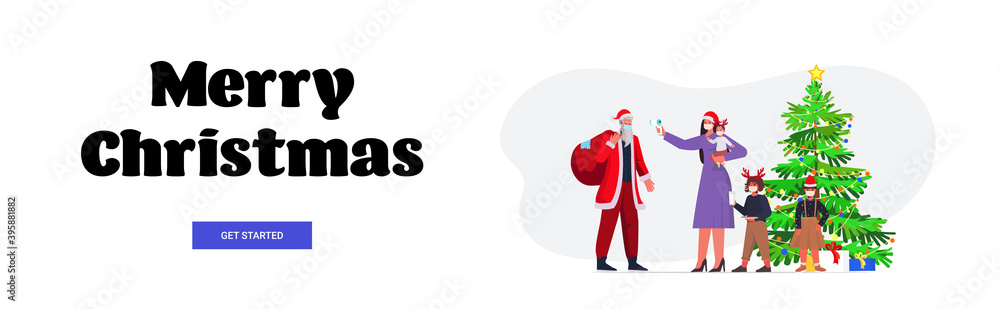 mother with kids checks body temperature of santa claus coronavirus quarantine self isolation concept new year christmas holidays celebration horizontal full length vector illustration mother with kids checks body temperature of santa claus coronavirus quarantine self isolation concept new year christmas holidays celebration horizontal full length vector illustration