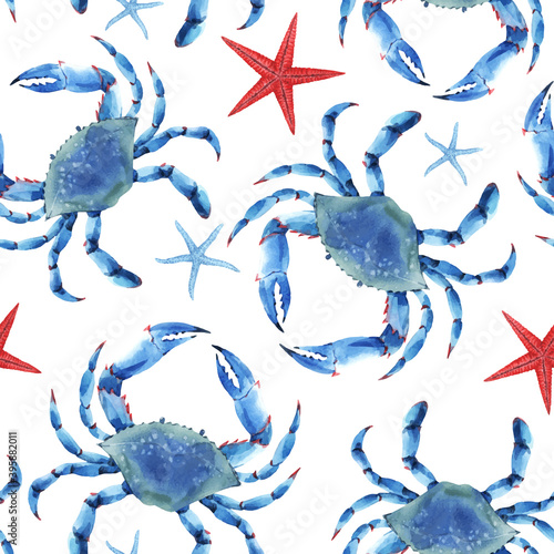 Beautiful vector seamless underwater pattern with watercolor blue crabs and starfish. Stock illustration.