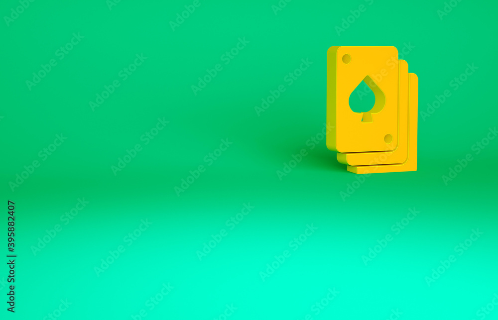 Orange Playing cards icon isolated on green background. Casino gambling. Minimalism concept. 3d illustration 3D render. Orange Playing cards icon isolated on green background. Casino gambling. Minimalism concept. 3d illustration 3D render.