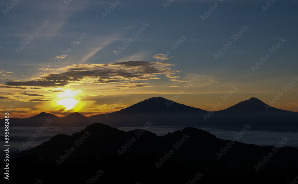Beautiful sunrise at the top of Mount Sumbing