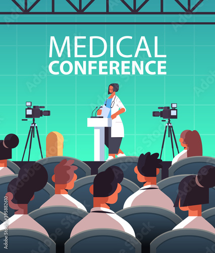 female doctor giving speech at tribune with microphone medical conference medicine healthcare concept lecture hall interior vertical vector illustration