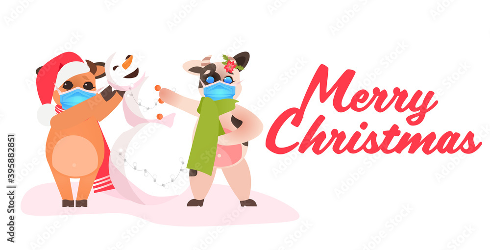 little oxes in santa hats standing with snowman cows wearing masks to prevent coronavirus pandemic new year winter holidays celebration concept full length horizontal vector illustration