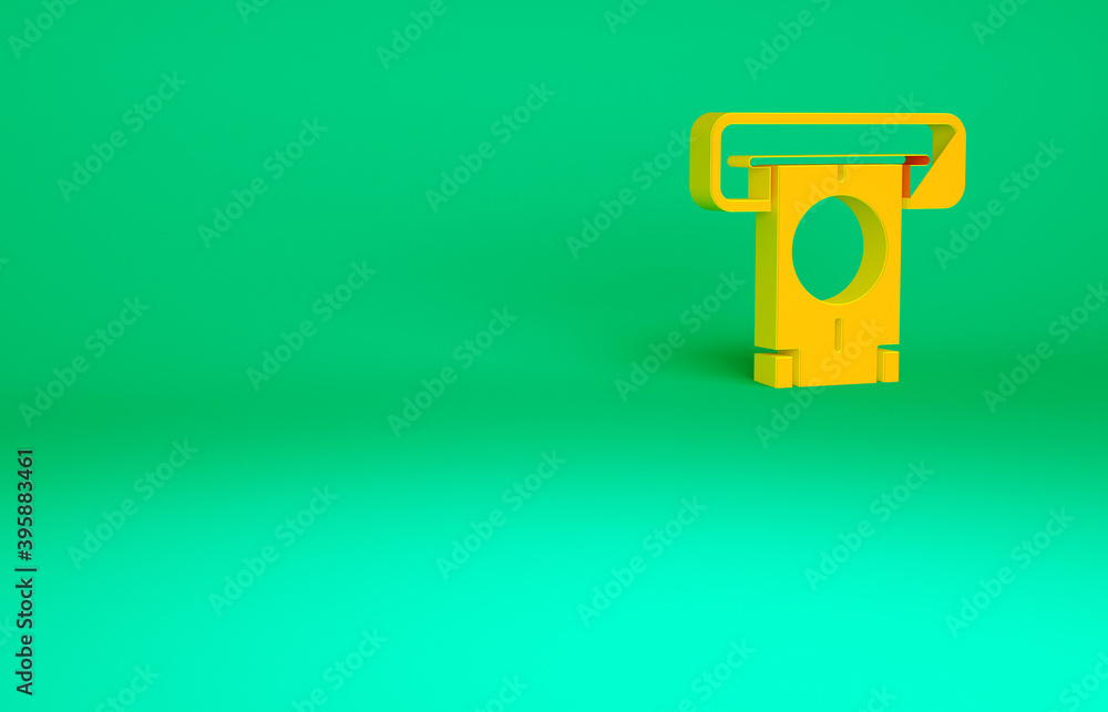 Orange ATM - Automated teller machine and money icon isolated on green background. Minimalism concept. 3d illustration 3D render.