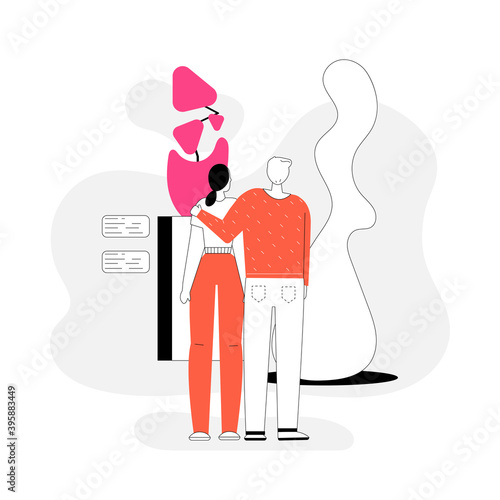 Man and woman hugging and watching exhibition of sculpture