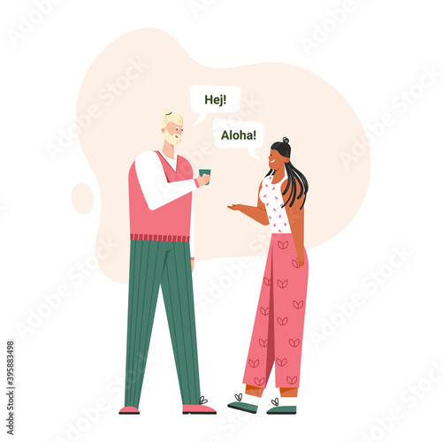 Man says Hej, woman says Aloha. Greeting in different languages