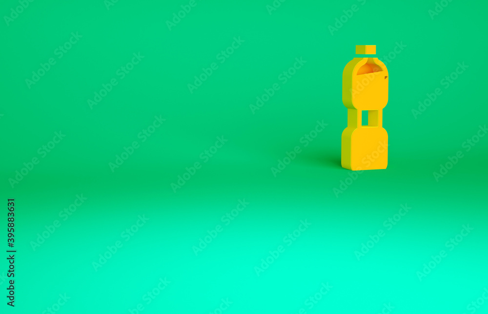Orange Bottle of water icon isolated on green background. Soda aqua drink sign. Minimalism concept. 3d illustration 3D render.