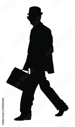 Old experienced lawyer with suitcase walking vector. Elegant senior gentleman silhouette. Mature businessman. Old school teacher. Man in suit with hand in pocket. Secret service member. Double agent.