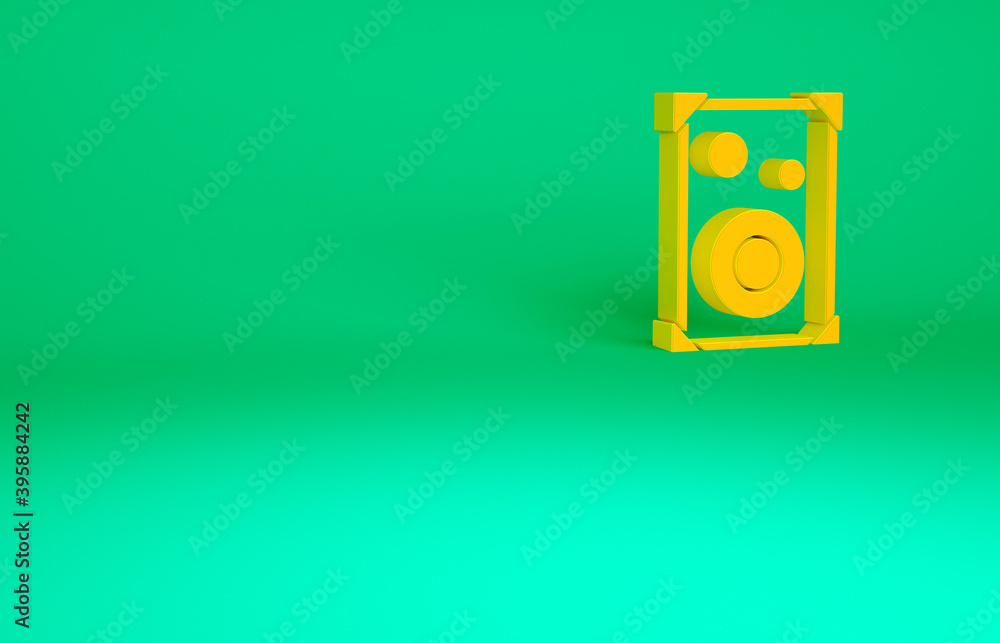 Orange Stereo speaker icon isolated on green background. Sound system speakers. Music icon. Musical column speaker bass equipment. Minimalism concept. 3d illustration 3D render. Orange Stereo speaker icon isolated on green background. Sound system speakers. Music icon. Musical column speaker bass equipment. Minimalism concept. 3d illustration 3D render.