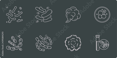 Microscopic bacteria, petri dish, blood cells. Microorganisms silhouettes isolated on black background. Probiotic and hemoglobin icons set in outlines
