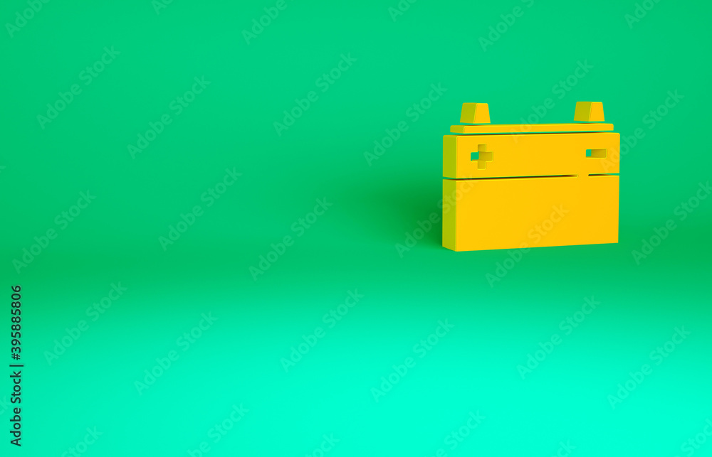 Orange Car battery icon isolated on green background. Accumulator battery energy power and electricity accumulator battery. Minimalism concept. 3d illustration 3D render. Orange Car battery icon isolated on green background. Accumulator battery energy power and electricity accumulator battery. Minimalism concept. 3d illustration 3D render.