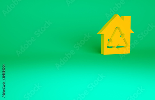 Orange Eco House with recycling symbol icon isolated on green background. Ecology home with recycle arrows. Minimalism concept. 3d illustration 3D render.