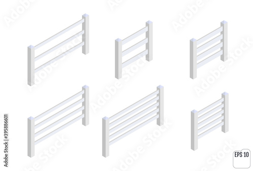 Isometric white fence sections. Fencing constructor.