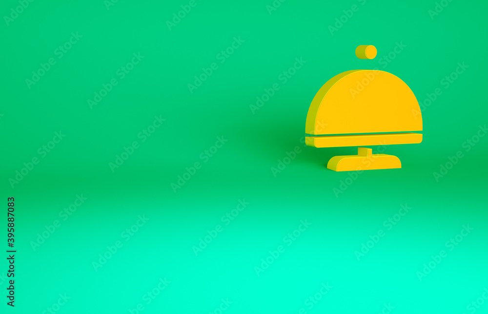 Orange Covered with a tray of food icon isolated on green background. Tray and lid sign. Restaurant cloche with lid. Minimalism concept. 3d illustration 3D render. Orange Covered with a tray of food icon isolated on green background. Tray and lid sign. Restaurant cloche with lid. Minimalism concept. 3d illustration 3D render.