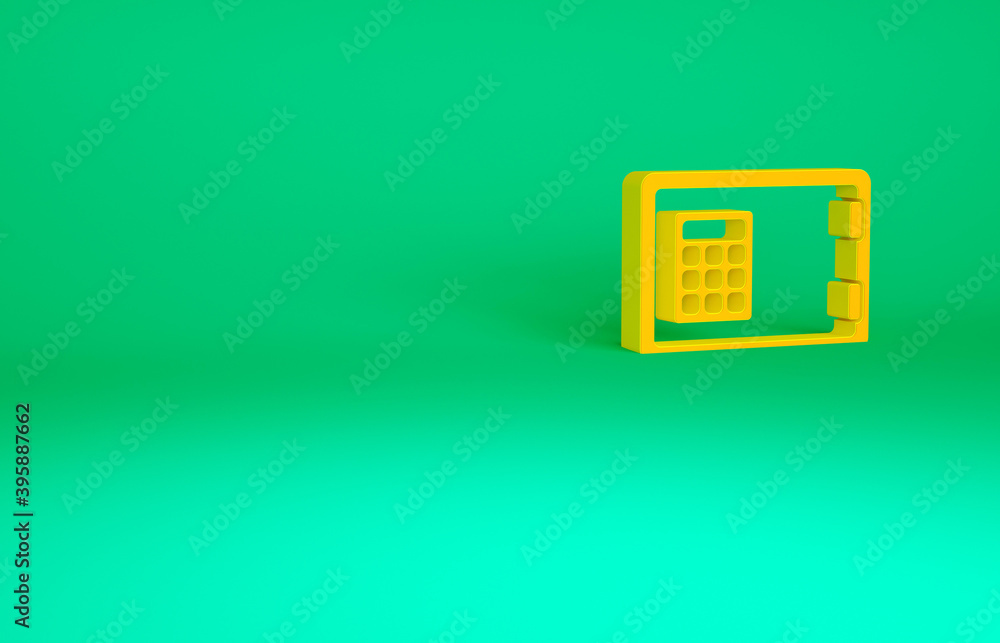 Orange Safe icon isolated on green background. The door safe a bank vault with a combination lock. Reliable Data Protection. Minimalism concept. 3d illustration 3D render. Orange Safe icon isolated on green background. The door safe a bank vault with a combination lock. Reliable Data Protection. Minimalism concept. 3d illustration 3D render.
