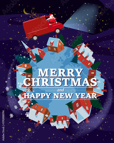Santa Claus Van with text Merry Christmas and Happy New Year 2021 flies through the night sky above the Earth delivering shipping gifts. Flat cartoon style vector illustration greeting card poster