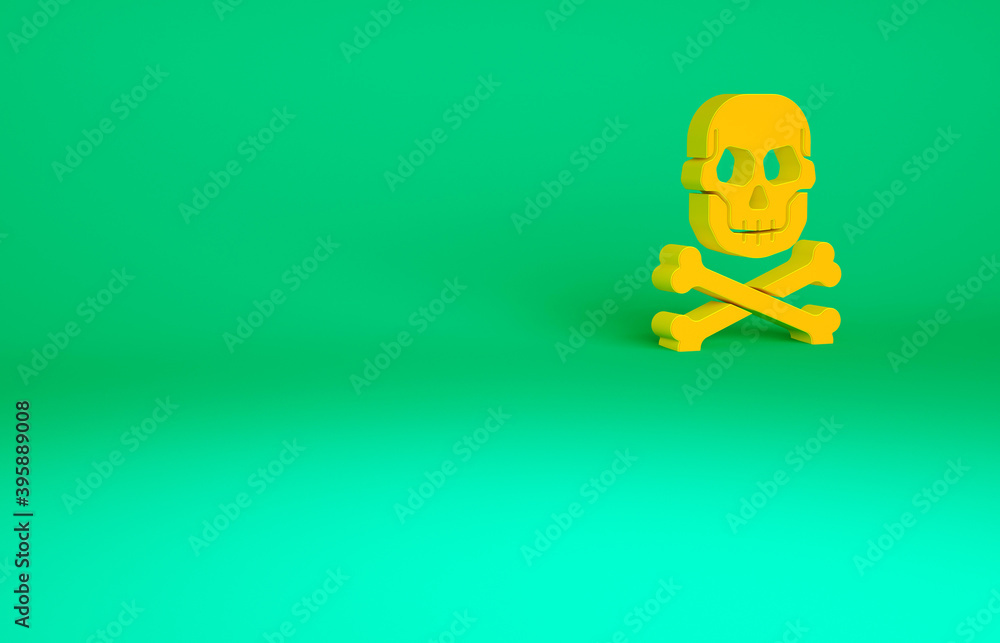 Orange Skull on crossbones icon isolated on green background. Happy Halloween party. Minimalism concept. 3d illustration 3D render. Orange Skull on crossbones icon isolated on green background. Happy Halloween party. Minimalism concept. 3d illustration 3D render.