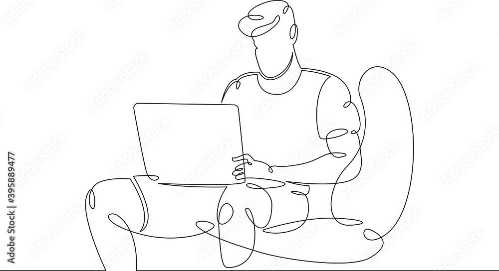Young man sits working at a laptop computer. Designer manager works on the Internet. One continuous drawing line, logo single hand drawn art doodle isolated minimal illustration.