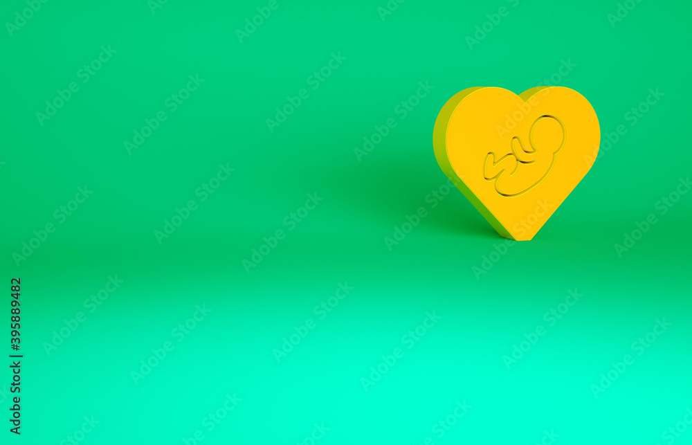 Orange Baby inside heart icon isolated on green background. Minimalism concept. 3d illustration 3D render.