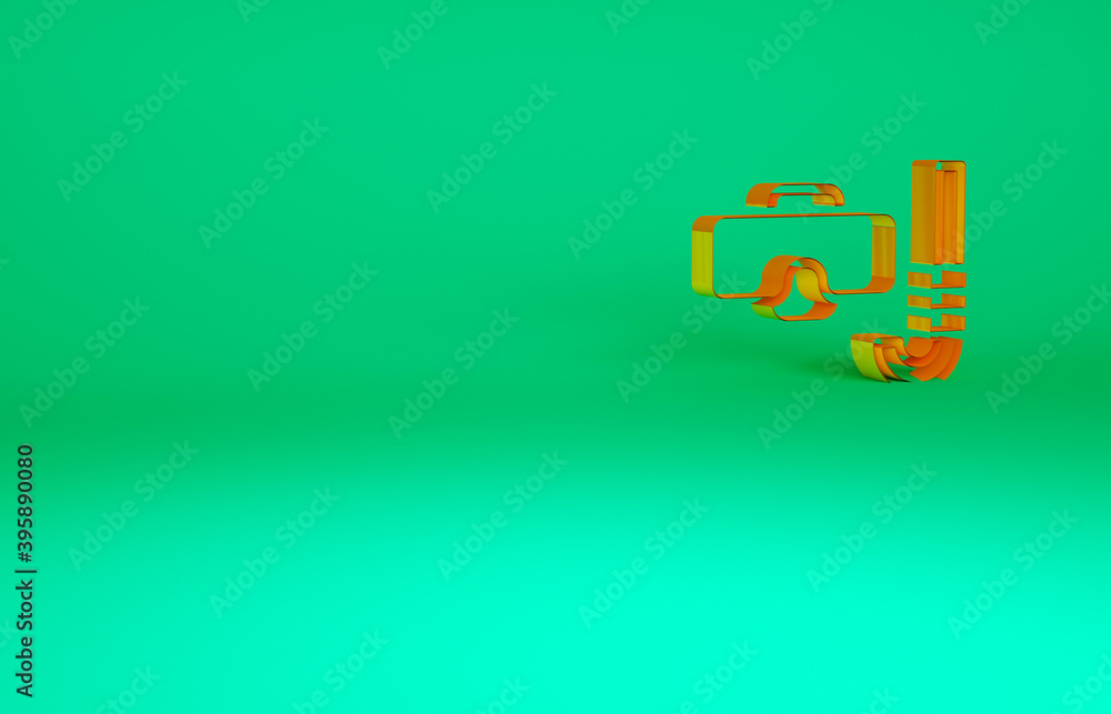 Obraz premium Orange Diving mask and snorkel icon isolated on green background. Extreme sport. Diving underwater equipment. Minimalism concept. 3d illustration 3D render.