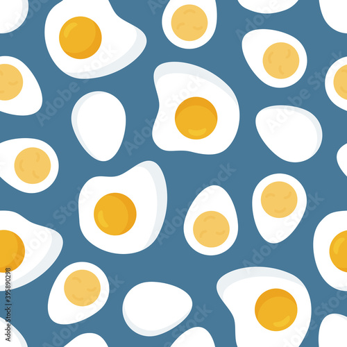 seamless pattern with fried eggs and boiled eggs on blue