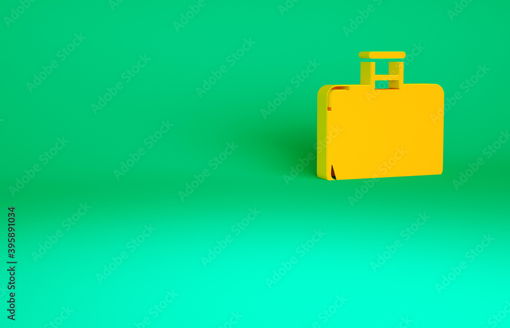 Orange Suitcase for travel icon isolated on green background. Traveling baggage sign. Travel luggage icon. Minimalism concept. 3d illustration 3D render. Orange Suitcase for travel icon isolated on green background. Traveling baggage sign. Travel luggage icon. Minimalism concept. 3d illustration 3D render.