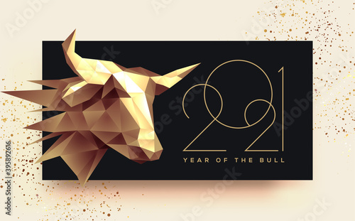 2021 new year banner with golden low poly head of the bull. Year of the Bull. Vector illustration