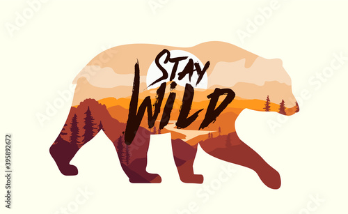 Bear silhouette with double exposure effect with mountains landscape and Stay Wild caption. Sticker or badge or logo design template. Isolated on white background. Vector illustration