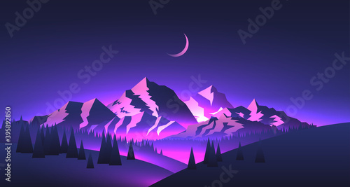 Night mountains landscape with mountains peaks and valleys with purple glowing and moon. Travel adventure themed vector illustration