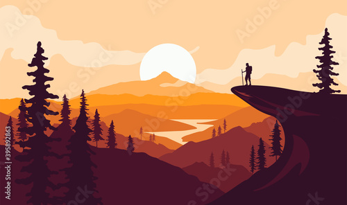 Man with backpack, traveller or explorer standing on top of mountain or cliff and looking on valley. Mountains landscape. Traveling or hiking or exploring or tourism concept. Vector illustration.