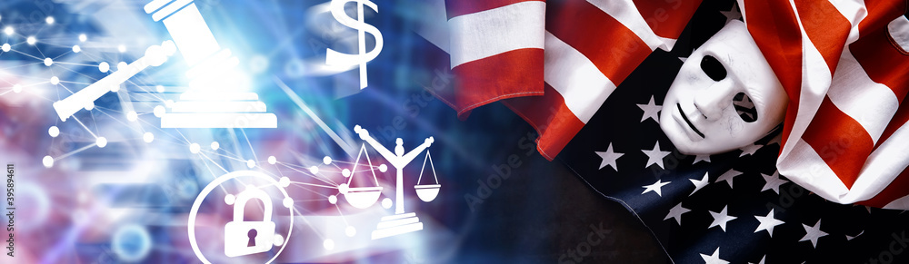 Fototapeta premium Flapping flag USA with wave. American flag for Memorial Day or 4th of July. Closeup of American flag dark background