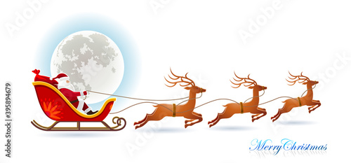 An isolated image of Santa riding on a sleigh with his reindeers with a moon in the background.
