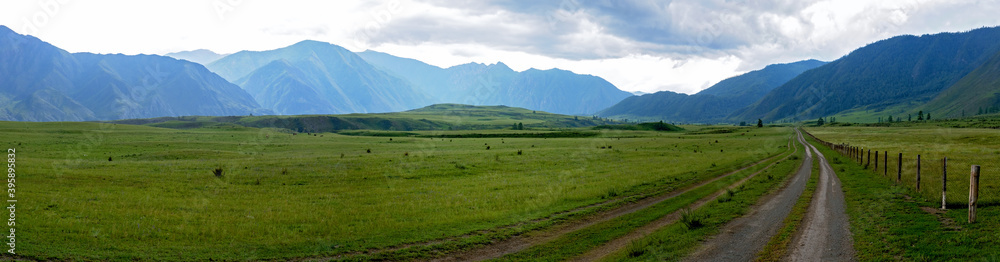 panoramic landscape with rural road in Altay