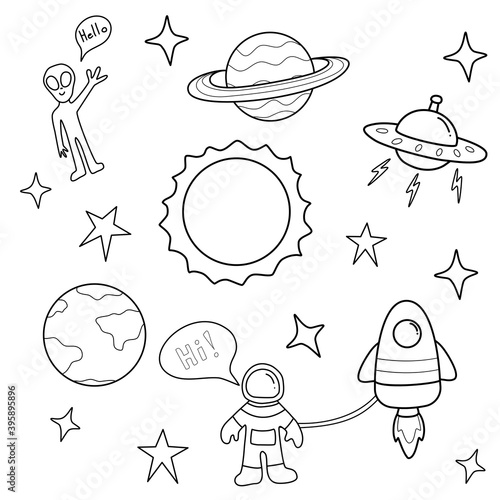 coloring page ,space concept Rocket ,Earth planet ,star,Saturn,Sun and Moon outline vector