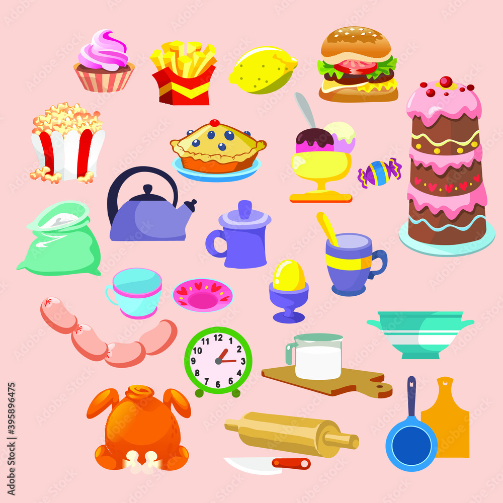 
A set of vector illustrations for the kitchen: food, sausages, chicken, hamburger, popcorn, sweets, cake, ice cream, dishes. Full-color images.